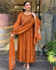 Rust Orange Embroidered Anarkali Suit with Dupatta