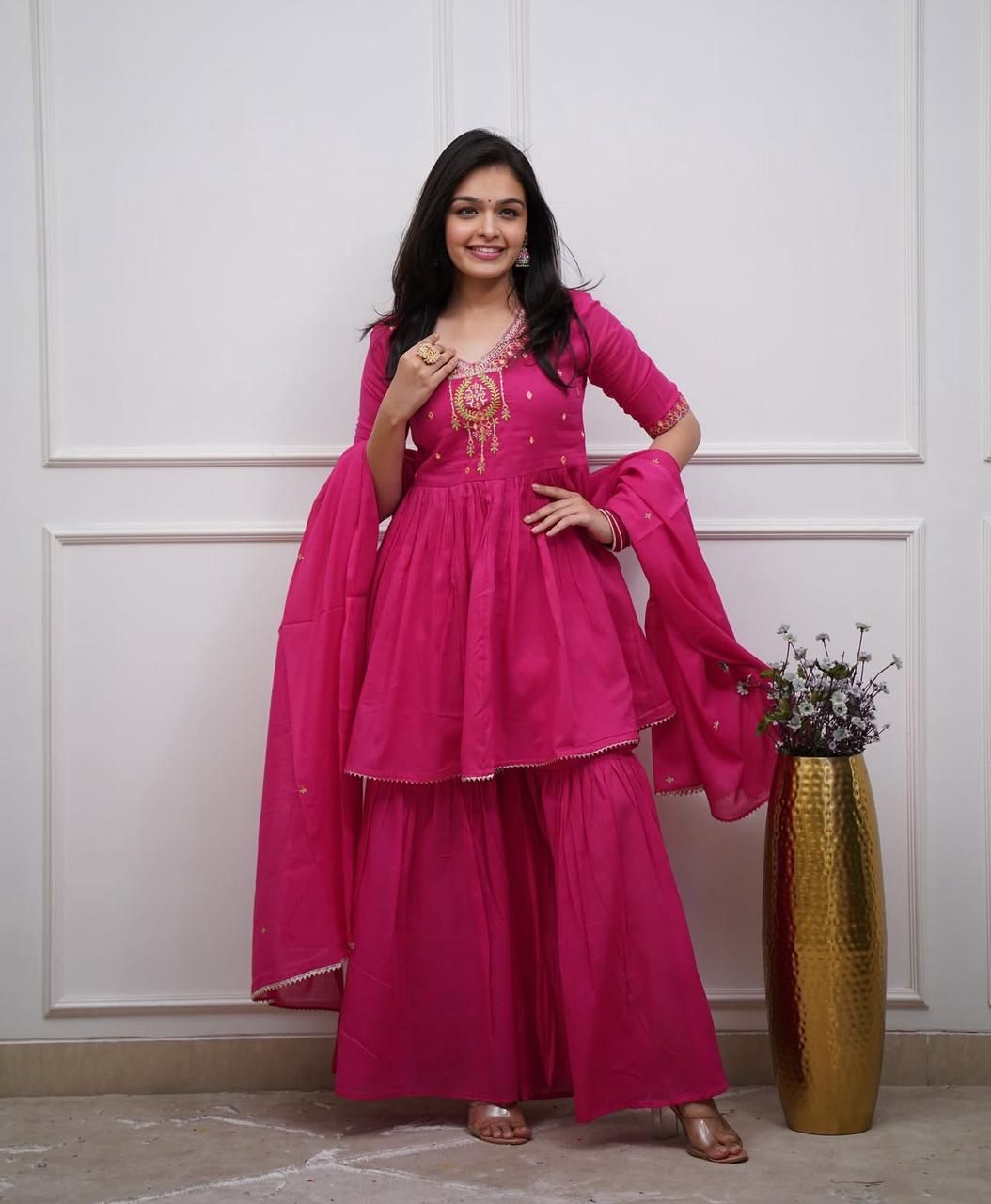 Fuchsia Pink Cotton Embroidered Sharara And Dupatta Set.