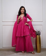 Fuchsia Pink Cotton Embroidered Sharara And Dupatta Set.