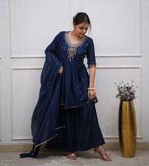 Navy Blue Cotton Embroidered Sharara And Dupatta Set.