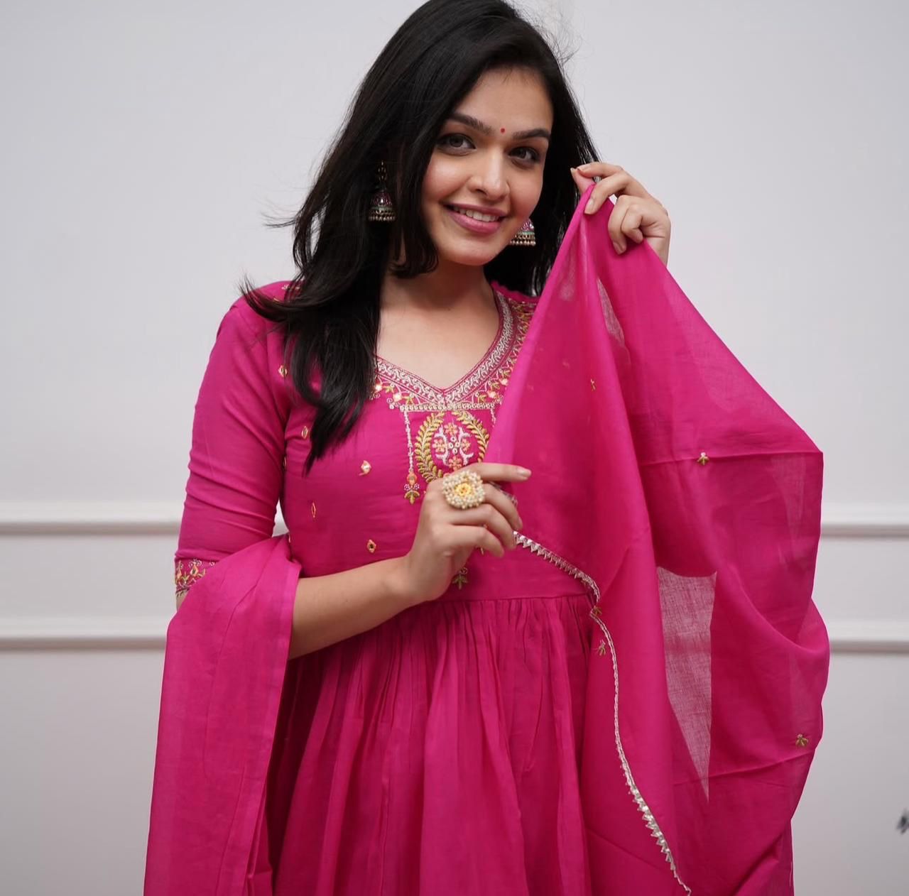 Fuchsia Pink Cotton Embroidered Sharara And Dupatta Set.