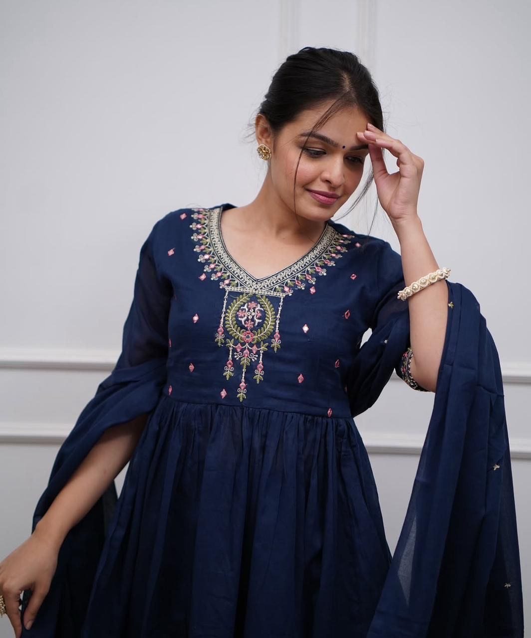 Navy Blue Cotton Embroidered Sharara And Dupatta Set.