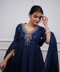 Navy Blue Cotton Embroidered Sharara And Dupatta Set.