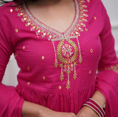 Fuchsia Pink Cotton Embroidered Sharara And Dupatta Set.