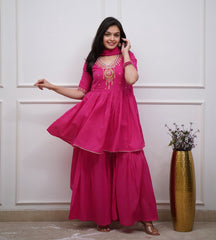 Fuchsia Pink Cotton Embroidered Sharara And Dupatta Set.