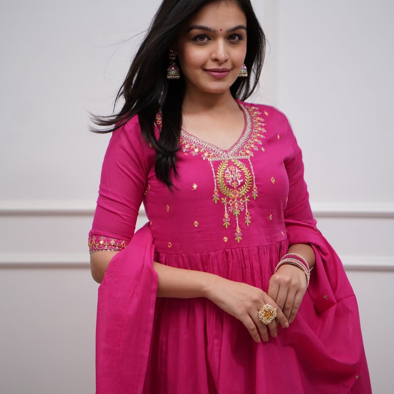 Fuchsia Pink Cotton Embroidered Sharara And Dupatta Set.