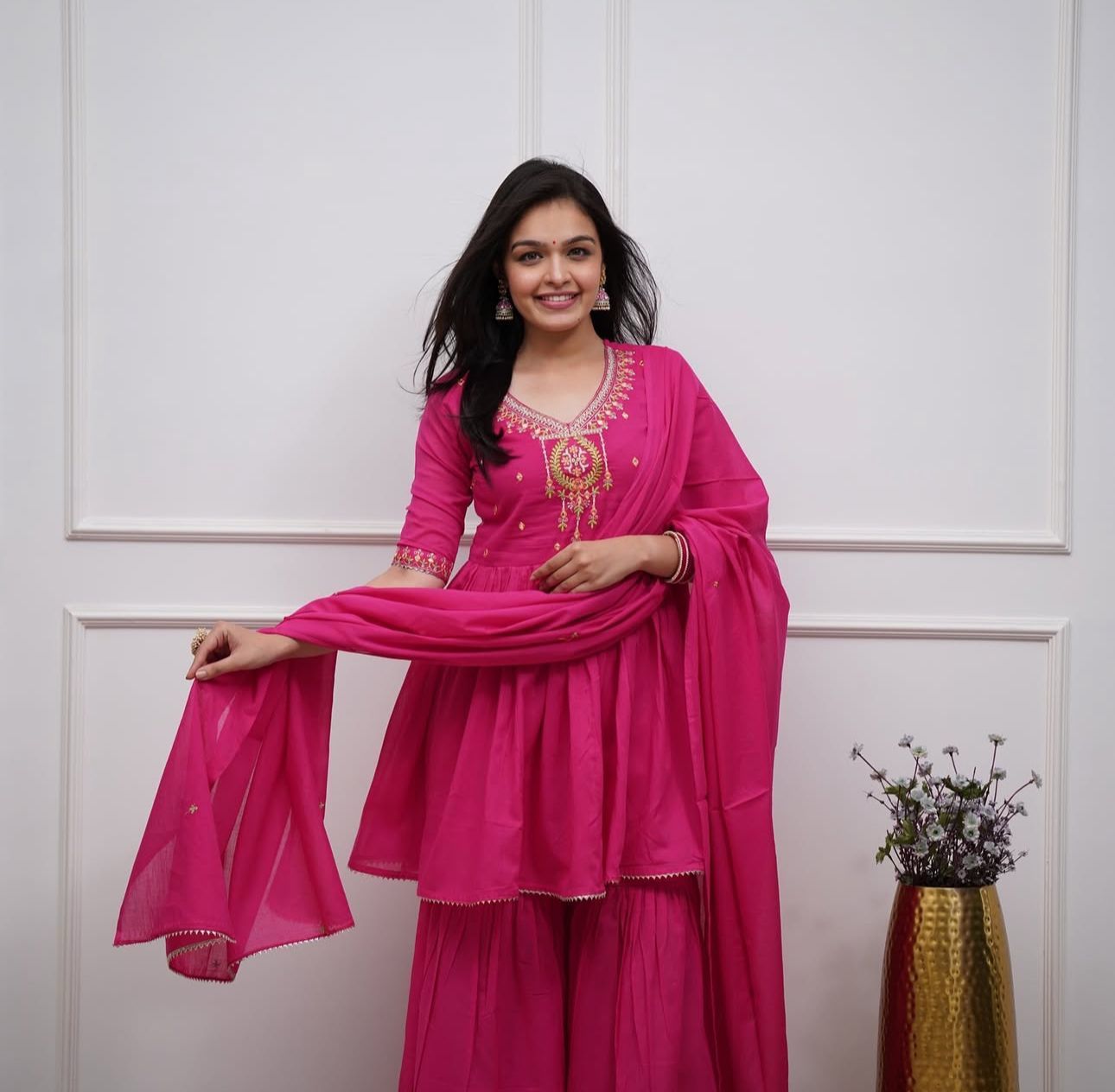 Fuchsia Pink Cotton Embroidered Sharara And Dupatta Set.