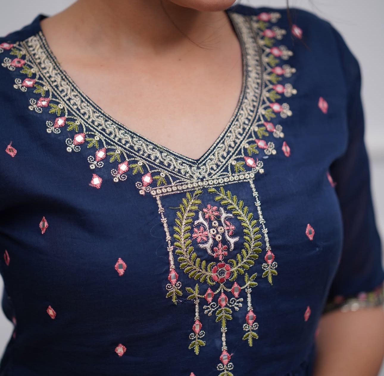 Navy Blue Cotton Embroidered Sharara And Dupatta Set.