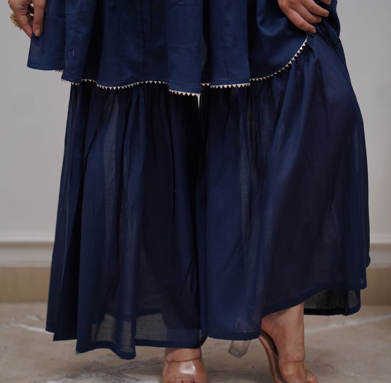 Navy Blue Cotton Embroidered Sharara And Dupatta Set.