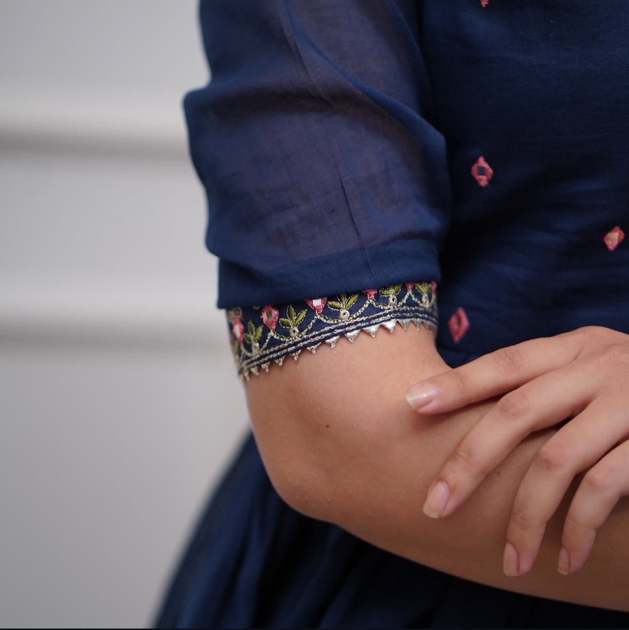 Navy Blue Cotton Embroidered Sharara And Dupatta Set.