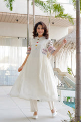 White Indo-Western Cotton Flex Embordered Kurta Set