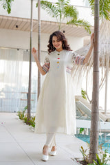 White Indo-Western Cotton Flex Embordered Kurta Set
