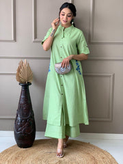 Pastel Green Embroidered Cotton Kurta and Palazzo Set