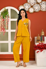 Cotton Yellow Embroidered Sleeveless Co-ord Set