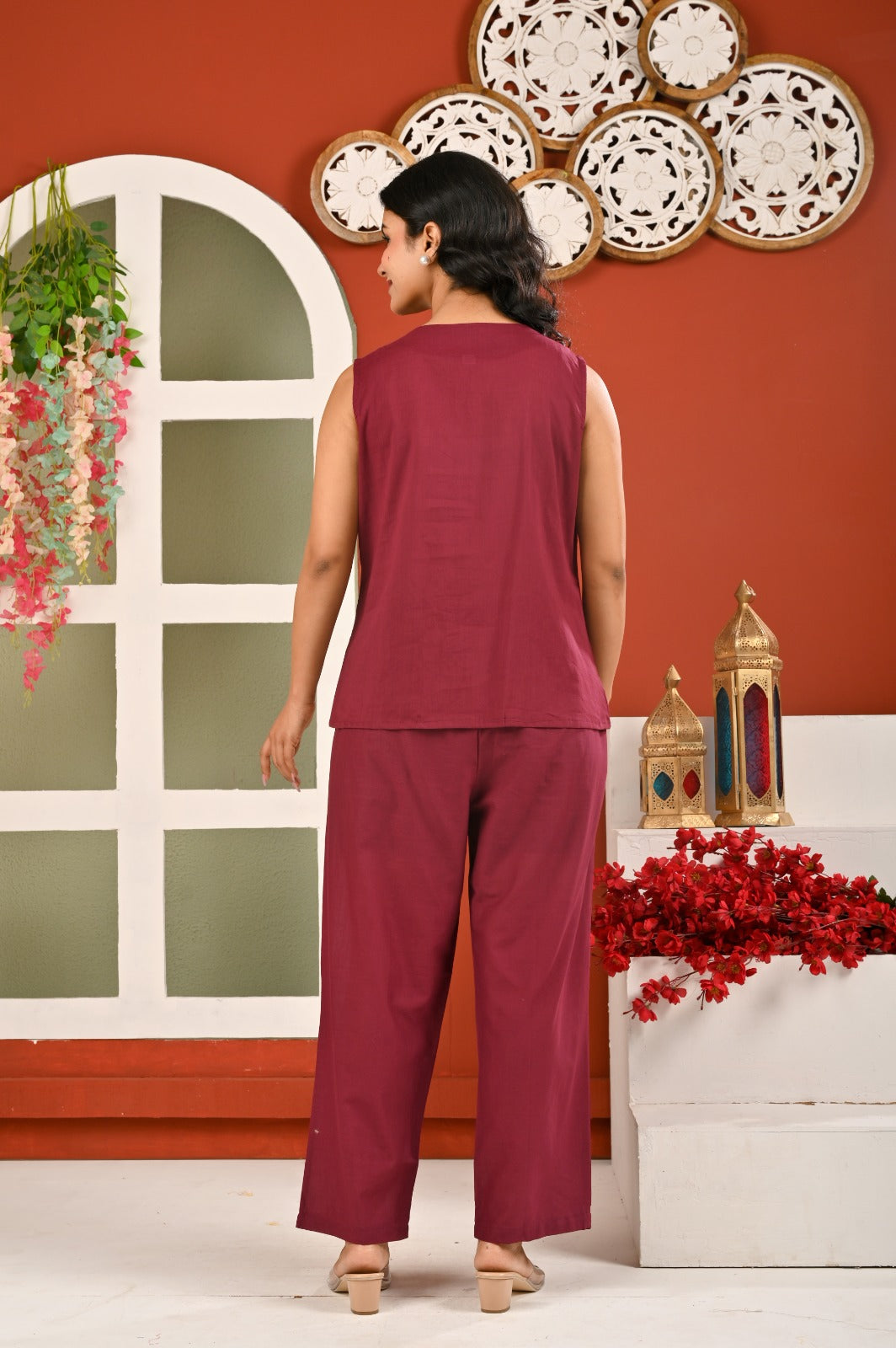 Cotton Wine Berry Embroidered Sleeveless Co-ord Set