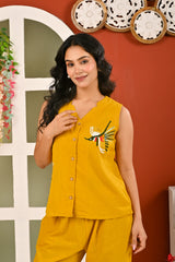 Cotton Yellow Embroidered Sleeveless Co-ord Set