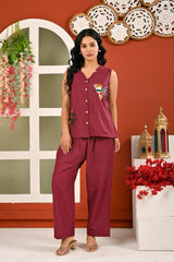 Cotton Wine Berry Embroidered Sleeveless Co-ord Set