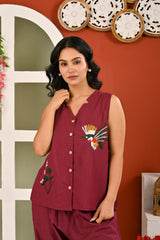 Cotton Wine Berry Embroidered Sleeveless Co-ord Set