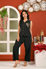 Cotton Black Embroidered Sleeveless Co-ord Set