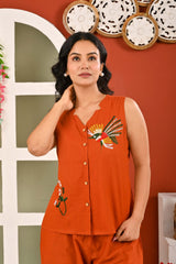 Cotton Rust Orange Embroidered Sleeveless Co-ord Set