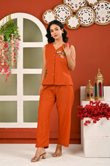Cotton Rust Orange Embroidered Sleeveless Co-ord Set