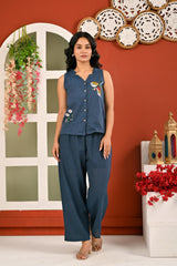 Cotton Midnight Blue Embroidered Sleeveless Co-ord Set