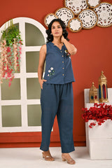 Cotton Midnight Blue Embroidered Sleeveless Co-ord Set