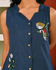 Cotton Midnight Blue Embroidered Sleeveless Co-ord Set