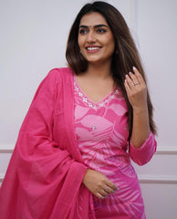 Rose Garden Leaf-Print Embroidery Muslin Dupatta Suit