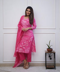 Rose Garden Leaf-Print Embroidery Muslin Dupatta Suit