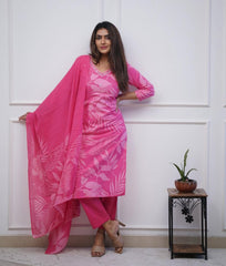 Rose Garden Leaf-Print Embroidery Muslin Dupatta Suit