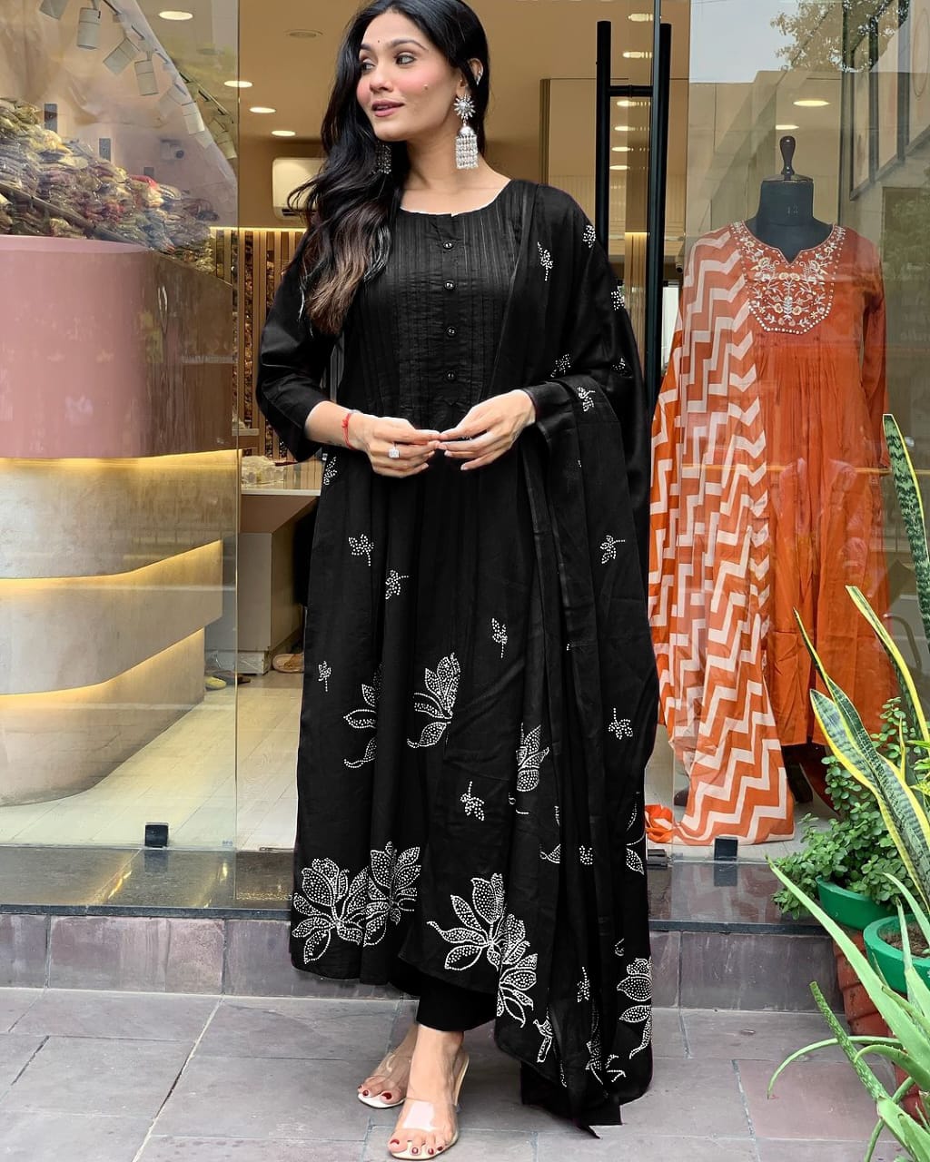 Black Printed Cotton Pintex Work Dupatta Set