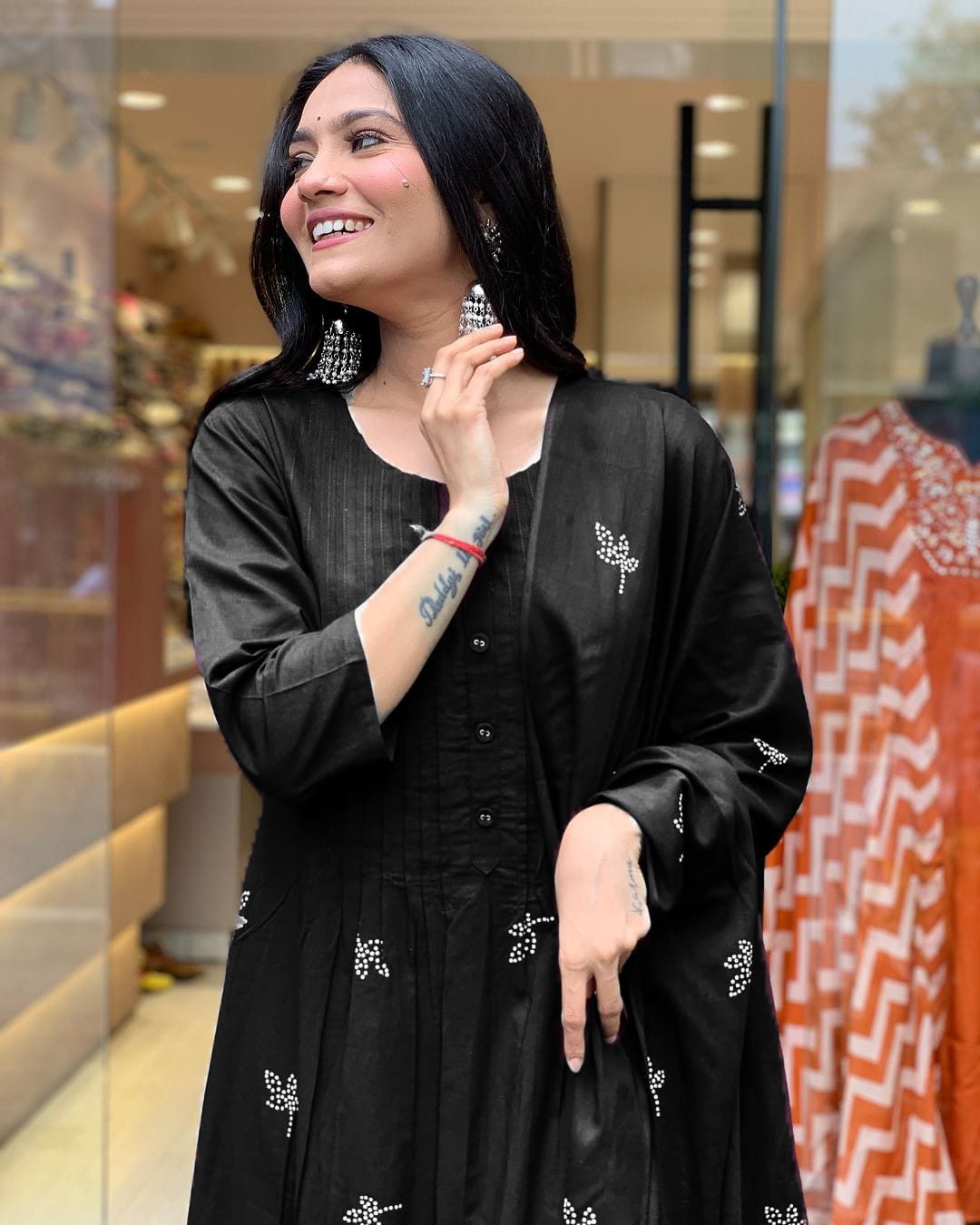 Black Printed Cotton Pintex Work Dupatta Set
