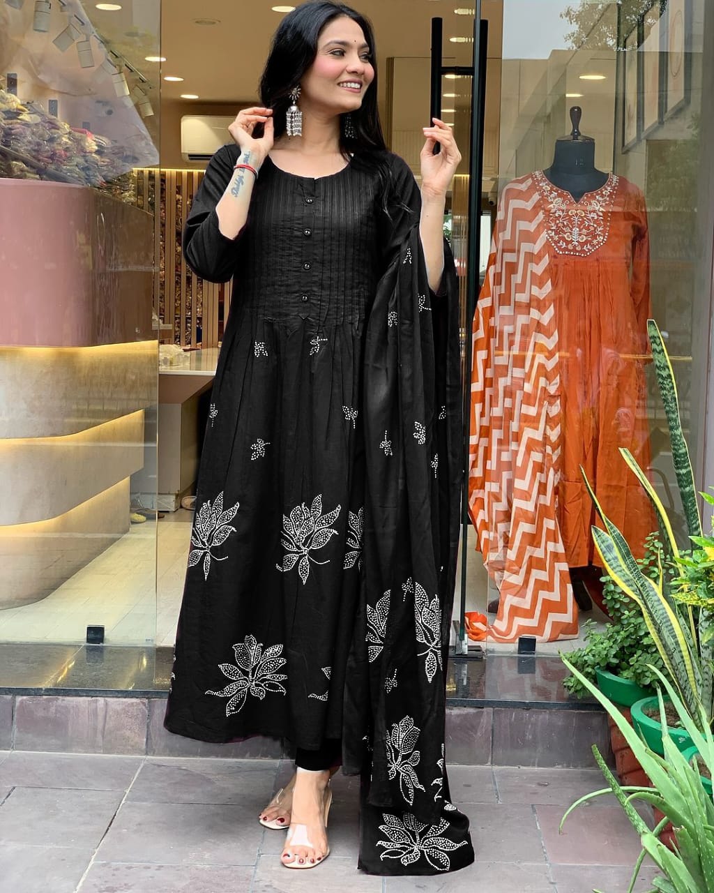 Black Printed Cotton Pintex Work Dupatta Set