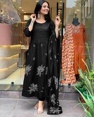 Black Printed Cotton Pintex Work Dupatta Set