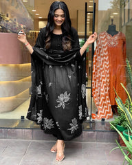 Black Printed Cotton Pintex Work Dupatta Set