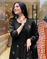 Black Printed Cotton Pintex Work Dupatta Set