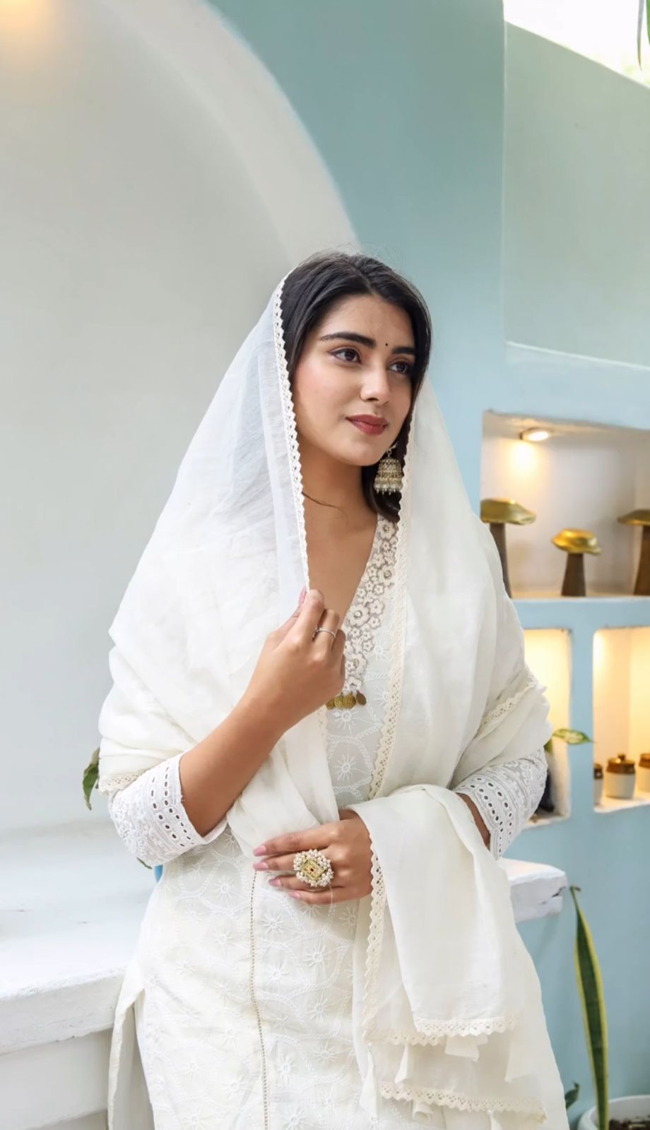 Off-white Chikankari Cotton Kurta paired with Pants and Chanderi Dupatta Set