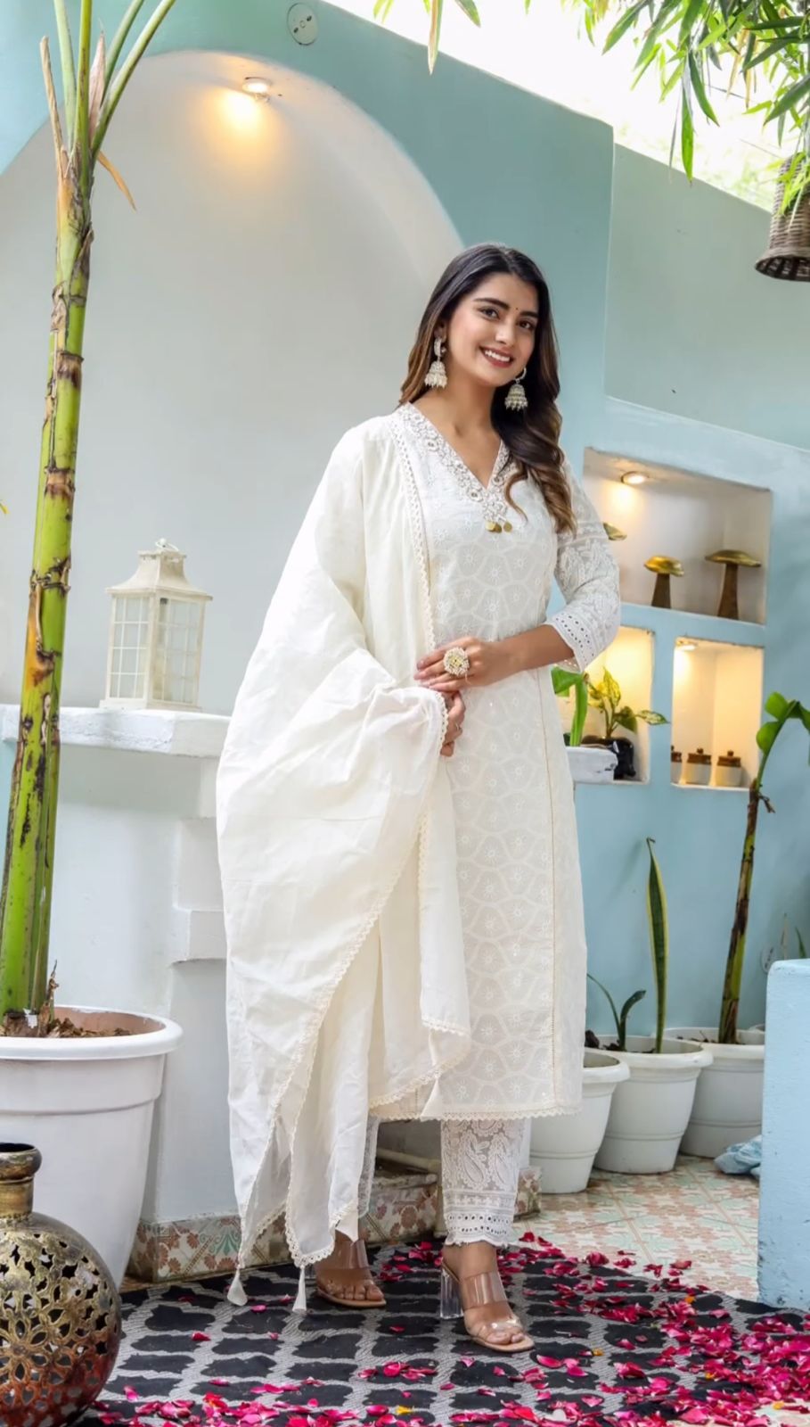 Off-white Chikankari Cotton Kurta paired with Pants and Chanderi Dupatta Set