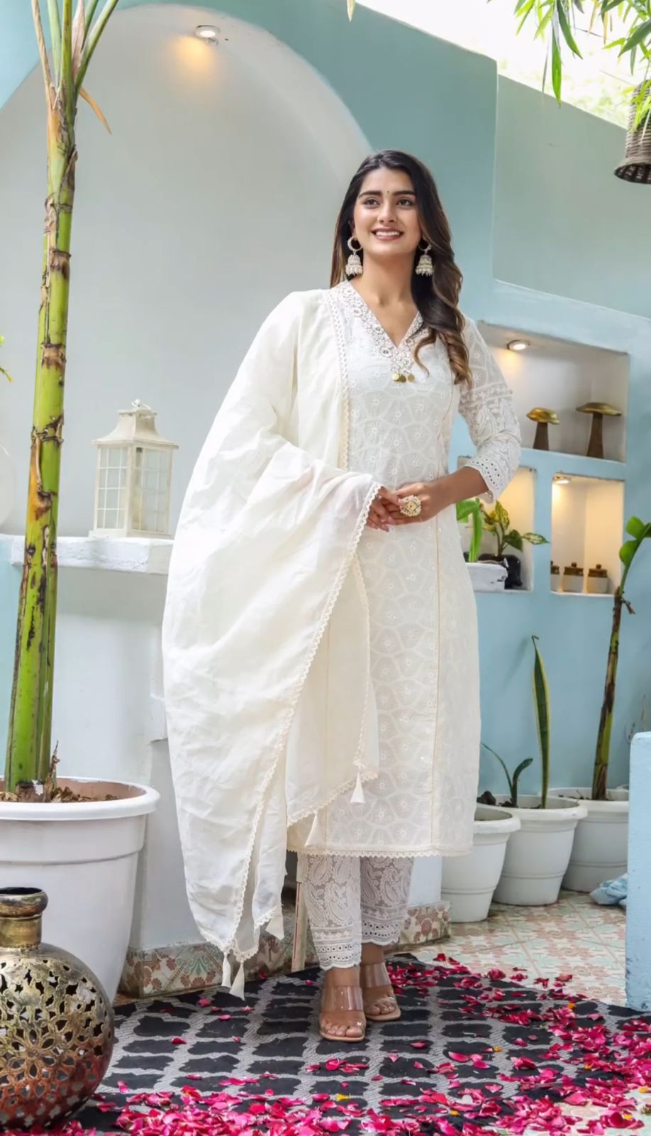 Off-white Chikankari Cotton Kurta paired with Pants and Chanderi Dupatta Set
