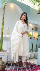 Off-white Chikankari Cotton Kurta paired with Pants and Chanderi Dupatta Set