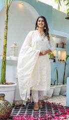 Off-white Chikankari Cotton Kurta paired with Pants and Chanderi Dupatta Set