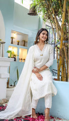 Off-white Chikankari Cotton Kurta paired with Pants and Chanderi Dupatta Set