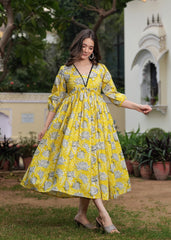 Printed Yellow Anarkali Dress with Puffy Sleeves and Flowing Design