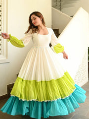 White And Green Anarkali Pom - Pom Gown