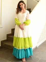 White And Green Anarkali Pom - Pom Gown