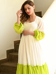White And Green Anarkali Pom - Pom Gown