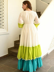 White And Green Anarkali Pom - Pom Gown