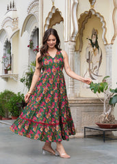 Cotton Green Floral Printed Skirt and Style Dress