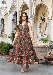 Cotton Green Floral Printed Skirt and Style Dress